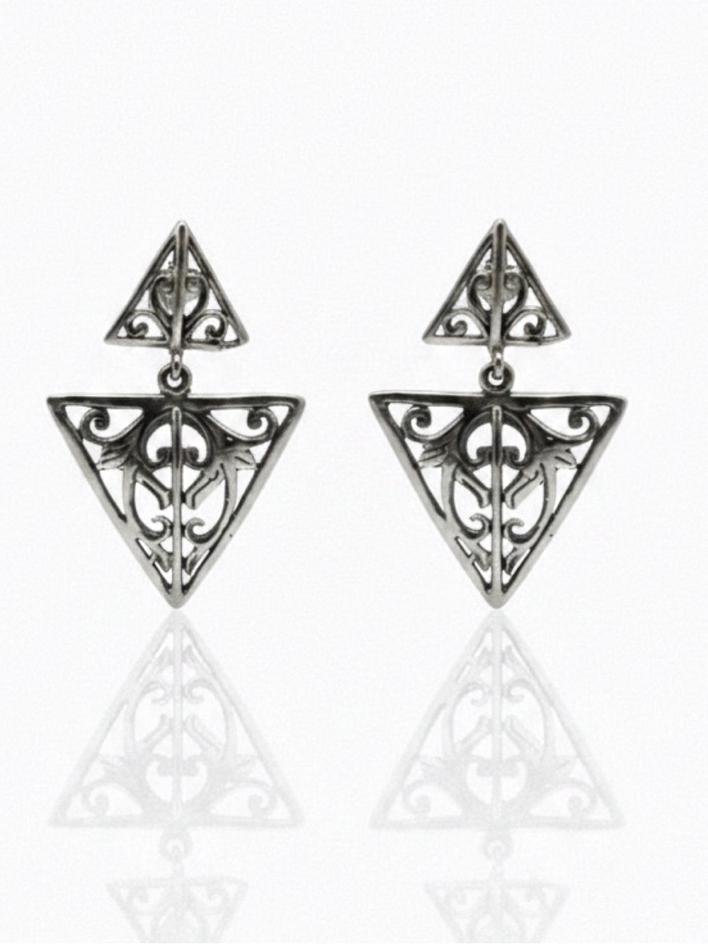 Vintage 925 Sterling Silver Geometric Triangle Filigree Dangle Earrings 1990s